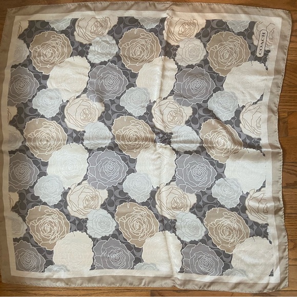 Coach Beige, Tan and Gray Square Scarf, With Roses and Kissing C’s. - Picture 4 of 5